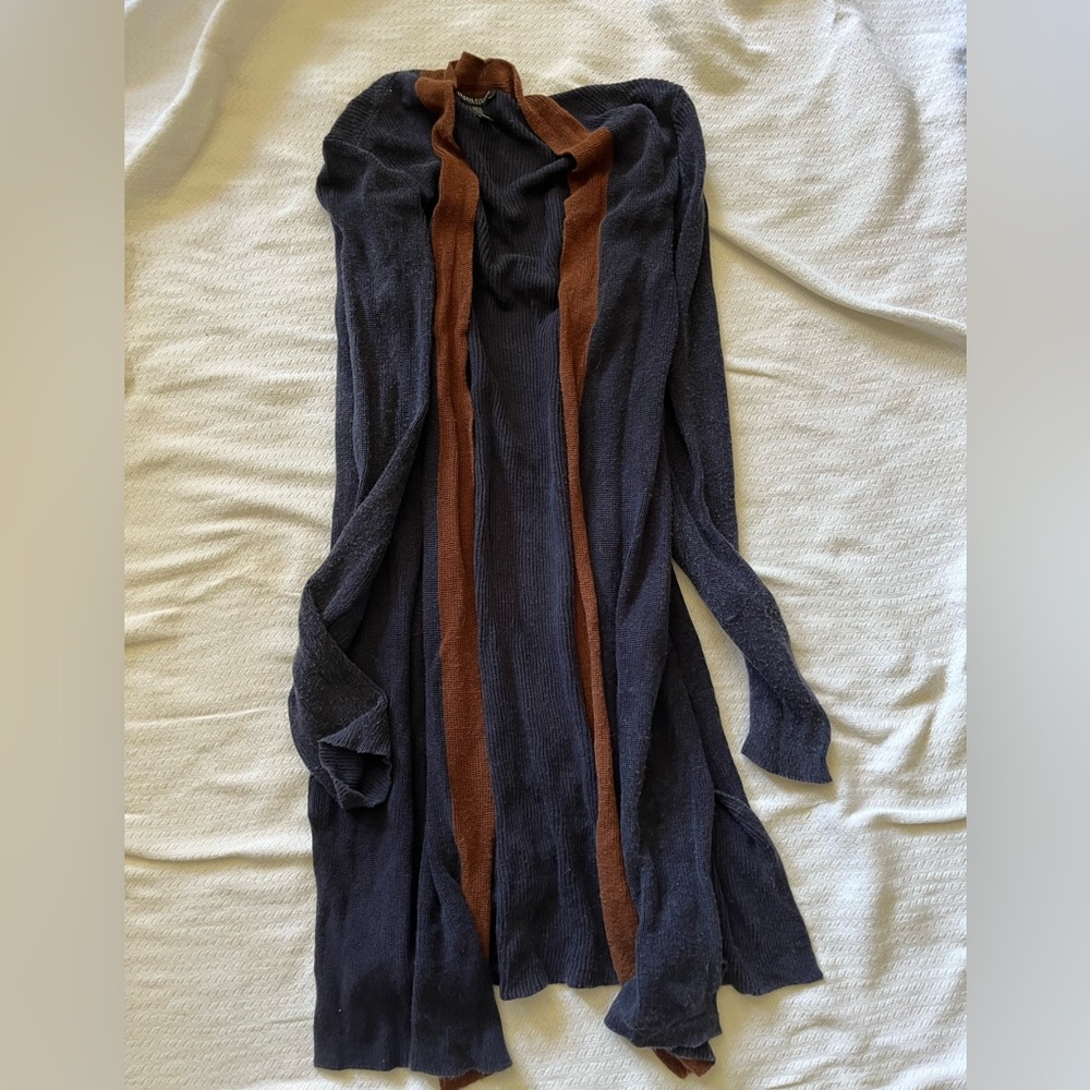 Eileen Fisher Petite Small Navy Cardigan with Brown Trim